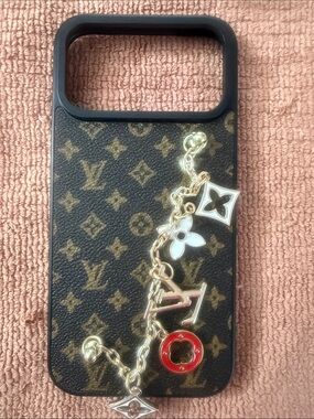 Monogram Brown Phone Case with Gold Charm Chain 17 pro max